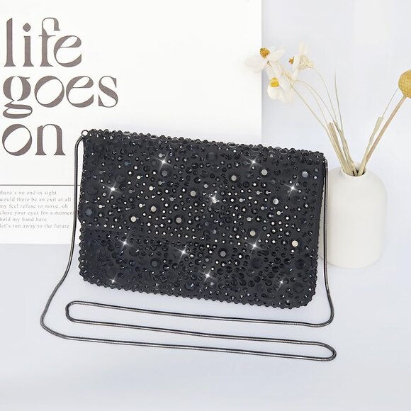 ⚡ Women's Sparkling Black Evening Rhinestone Shoulder Chain Crystal Clutch Bag - Picture 3 of 6